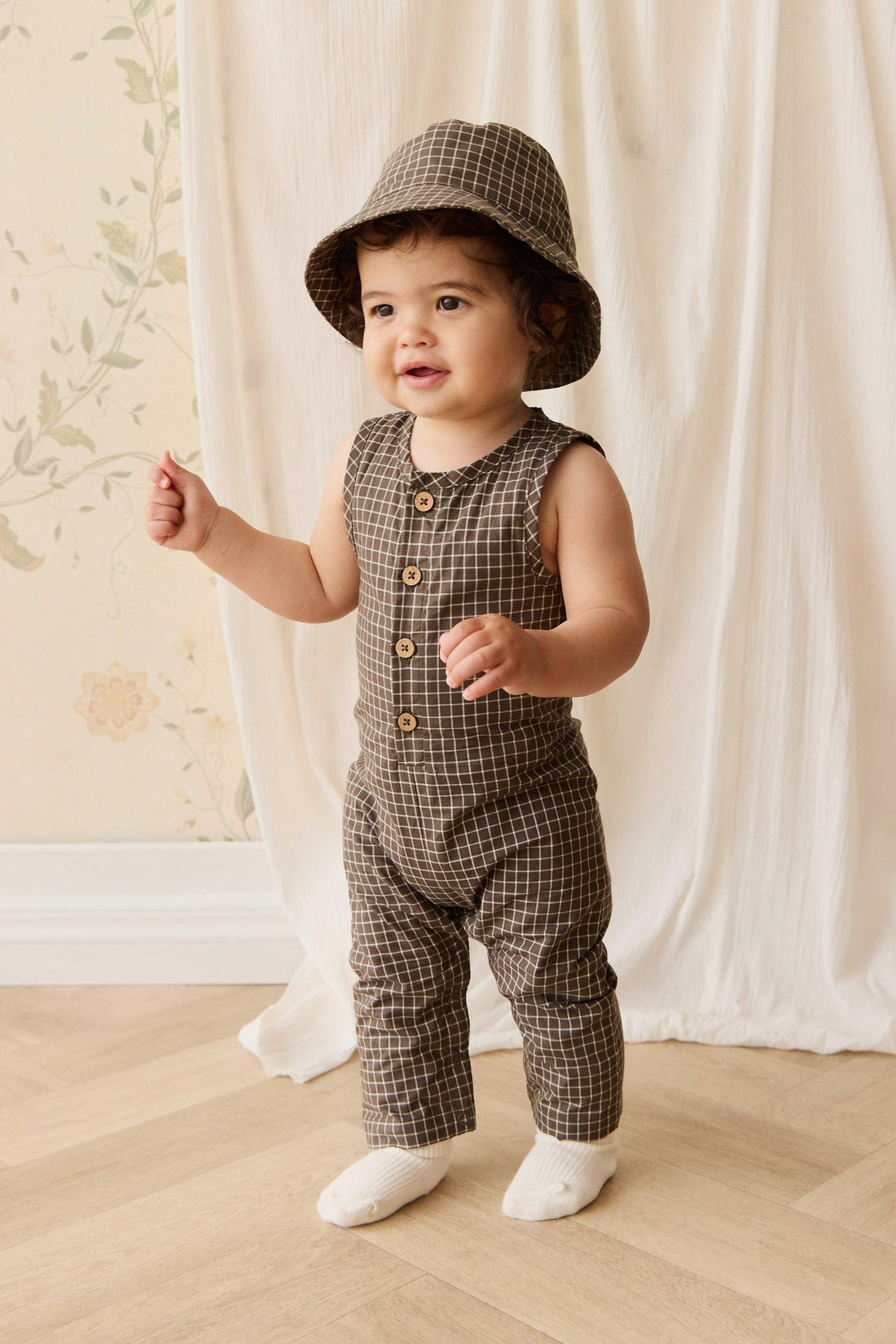 Organic Cotton Milo Jumpsuit - Coffee Grid – Jamie Kay USA