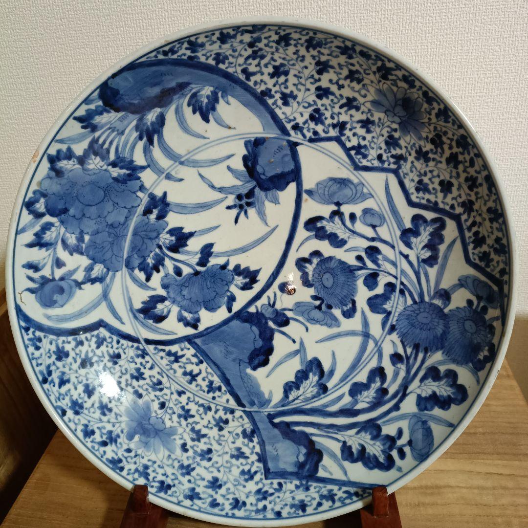 古伊万里 　大皿　飾皿　直径約３８cm 古伊万里 染付 印判大皿 (桜 鳳凰紋様) 7寸皿 飾り皿 盛り皿 いげ皿